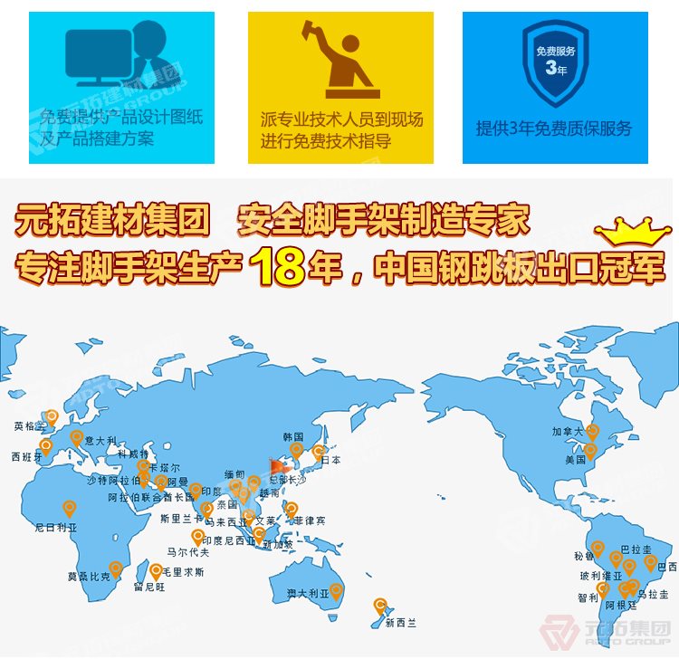 元拓建材集團，安全腳手架制造專家！專注腳手架生產(chǎn)18年，中國鋼跳板出口冠軍！